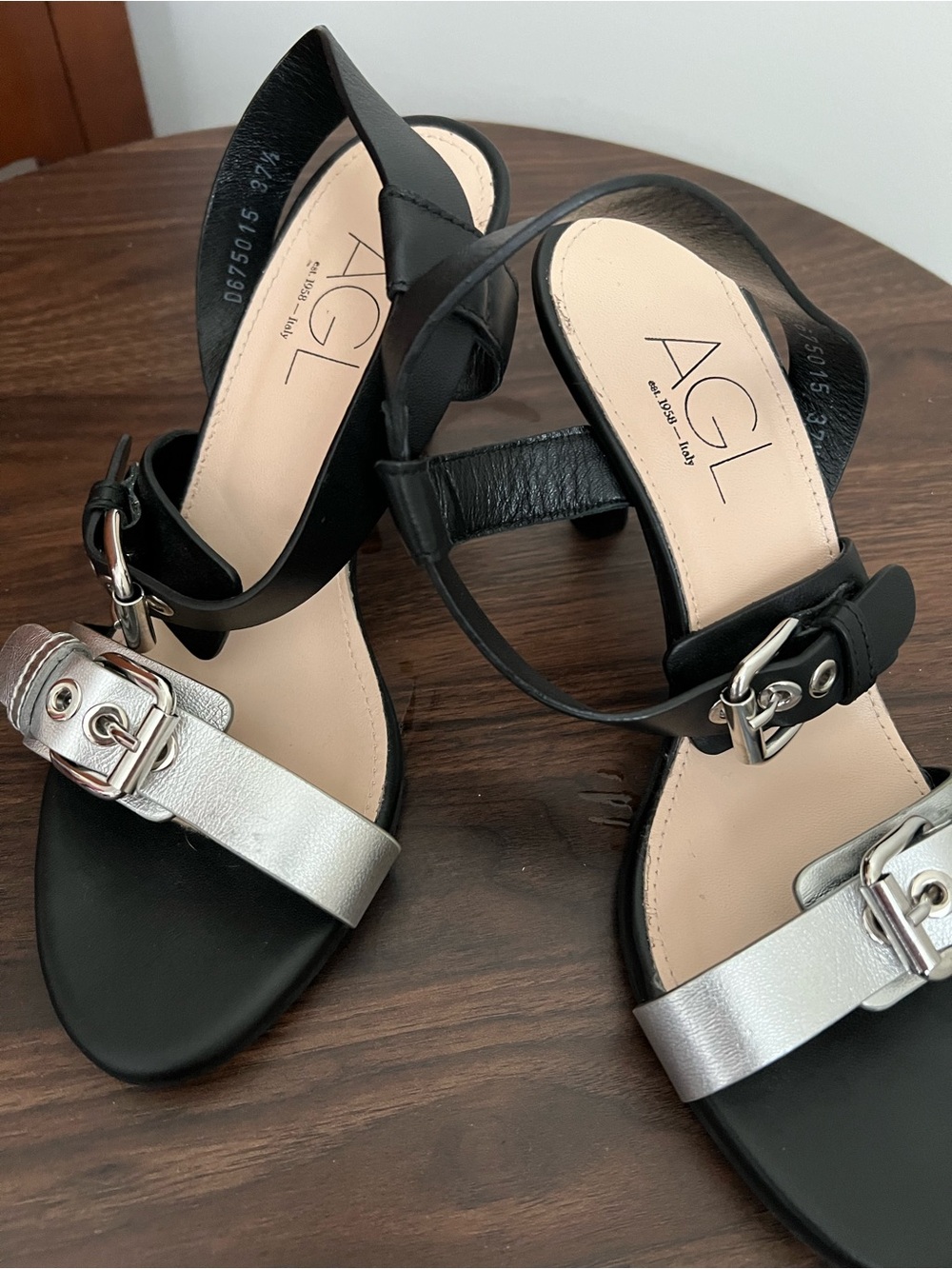 AGL Black & Silver Leather Buckle Sandals
